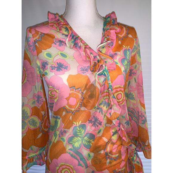 ROMANTIC RUFFLED ART DECO WING SLEEVE 1970s Vintage Dressing ROBE S / M - Picture 4 of 12
